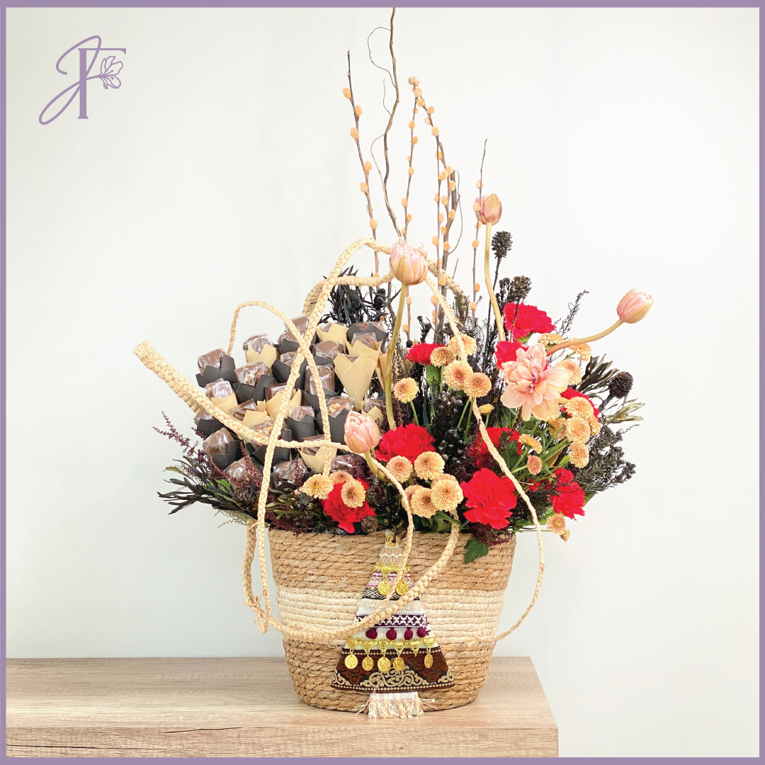 Diwali Delight Basket – Vibrant Flowers & Decadent Chocolates – flowers, delivered in Bahrain
