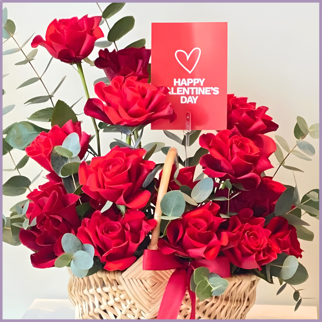 Heartfelt Reds - Red Rose Rattan Basket Arrangement