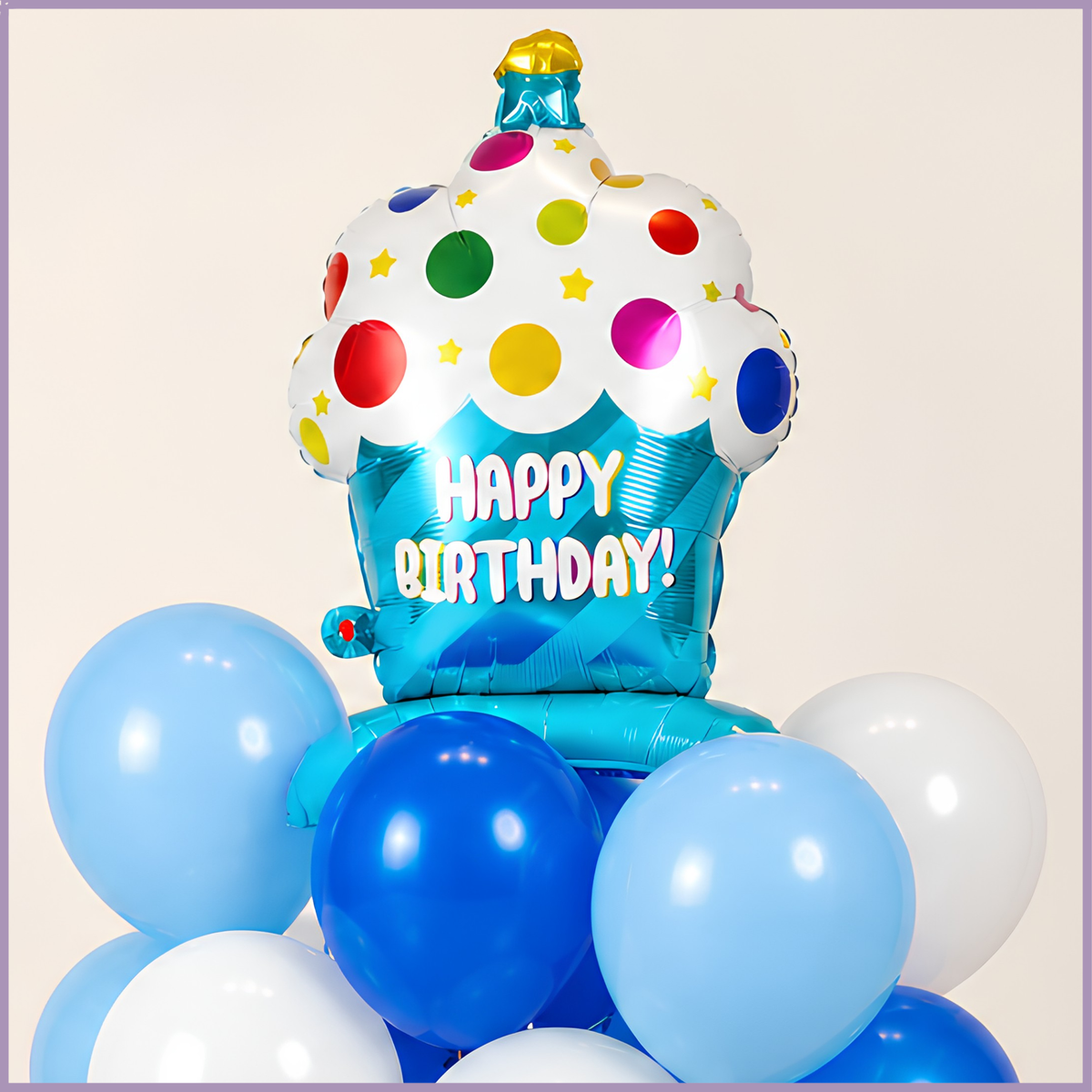 Birthday Bliss blue and white helium party balloon arrangement