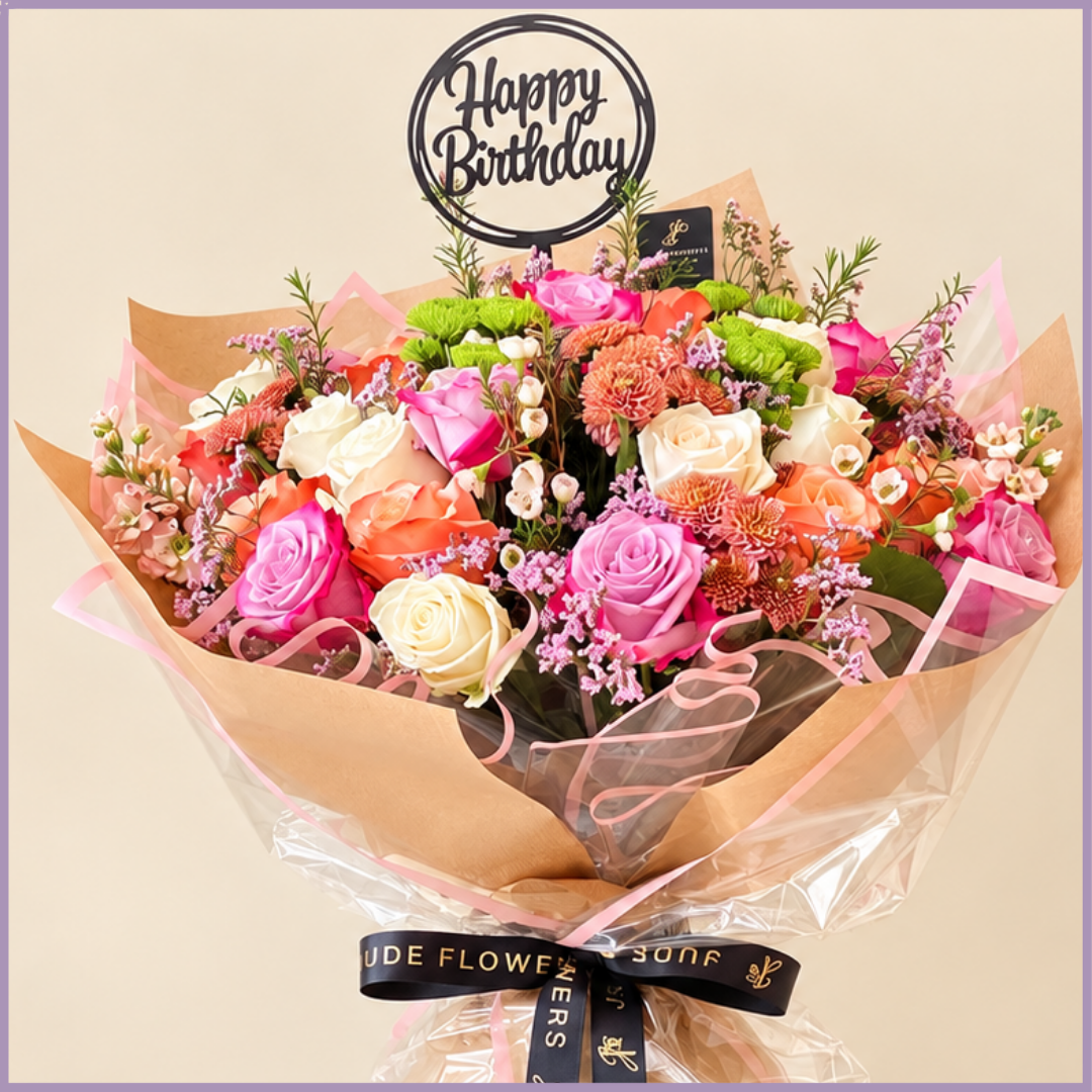 Birthday Garden bouquet of purple, white and orange roses with birthday topper – Jude Flowers Bahrain