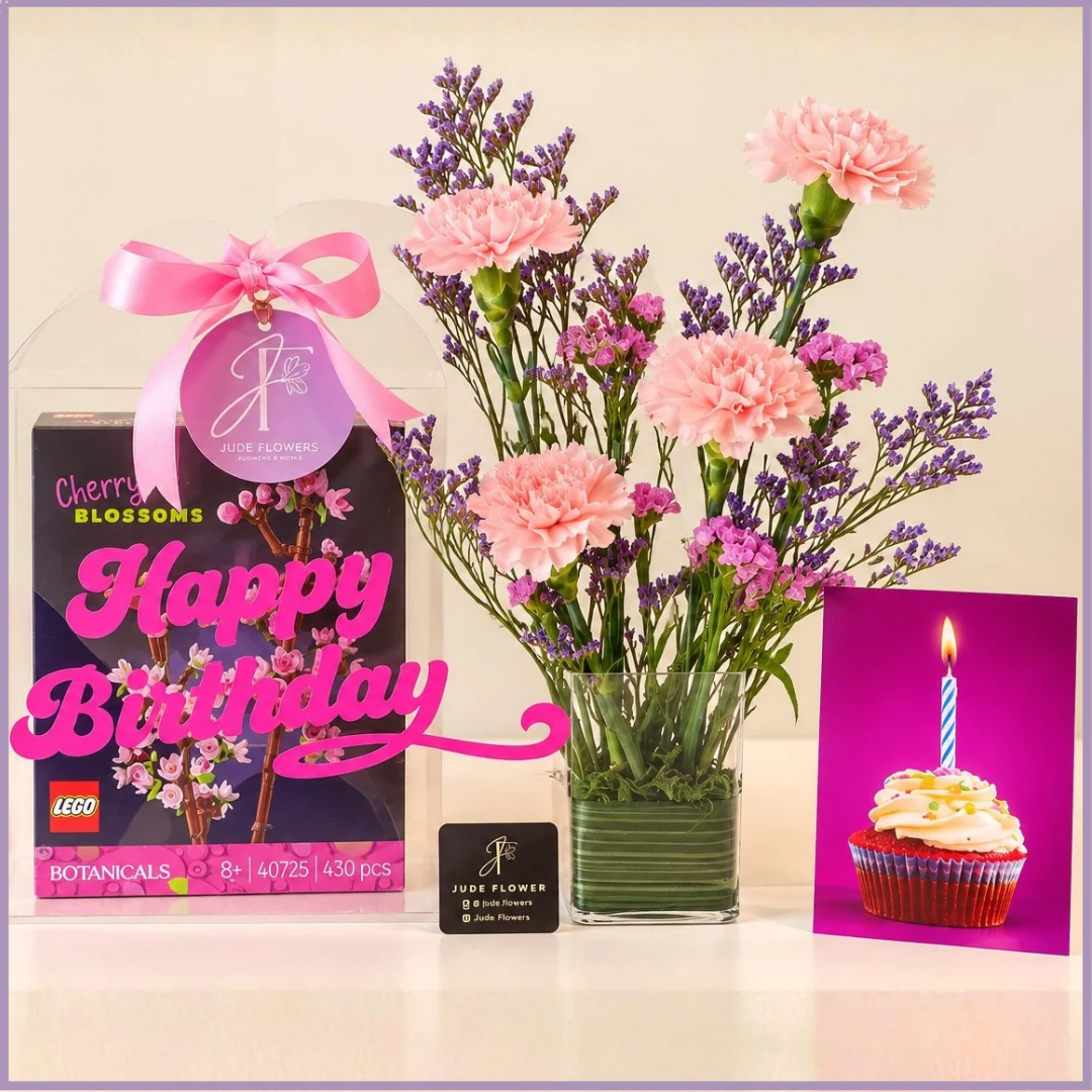 Cherry Blossom Birthday Delight – LEGO & Fresh Flowers Gift