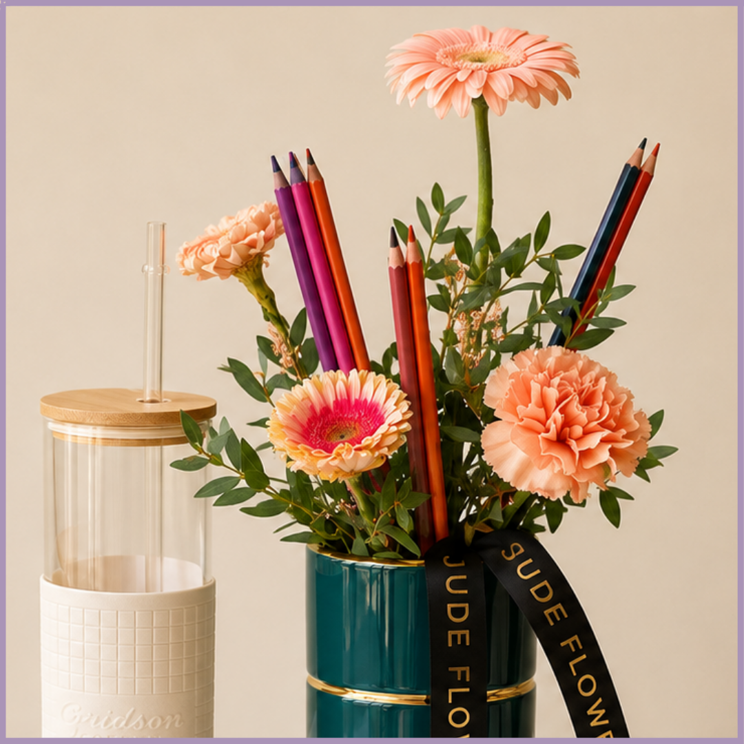 Caribou Bottle, Flowers & Pencil Gift Arrangement