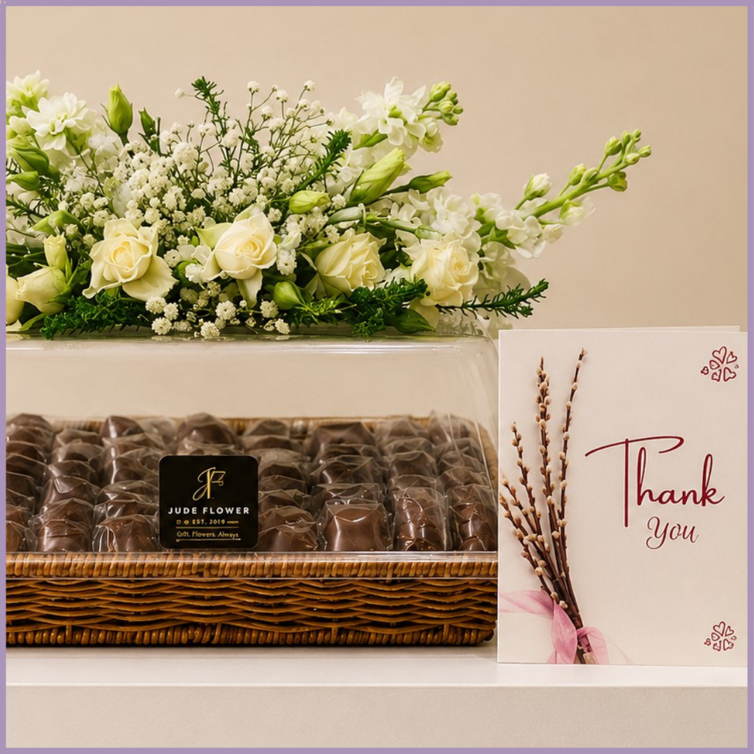 Ivory Chocolate Garden – White Flowers & Mixed Chocolate Tray