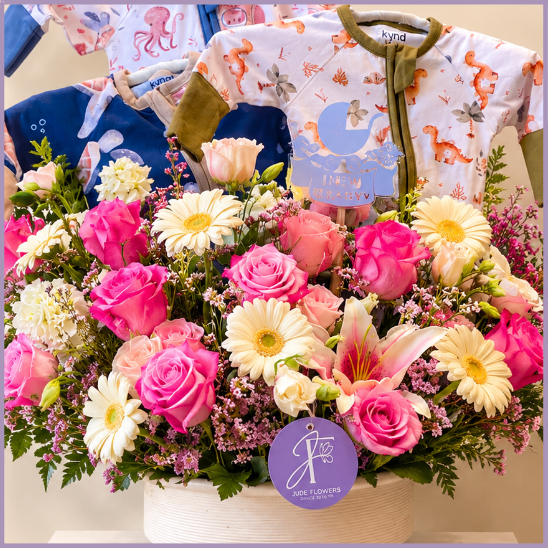 Little Wonder Baby Celebration – Flowers & Baby Clothes Gift Arrangement