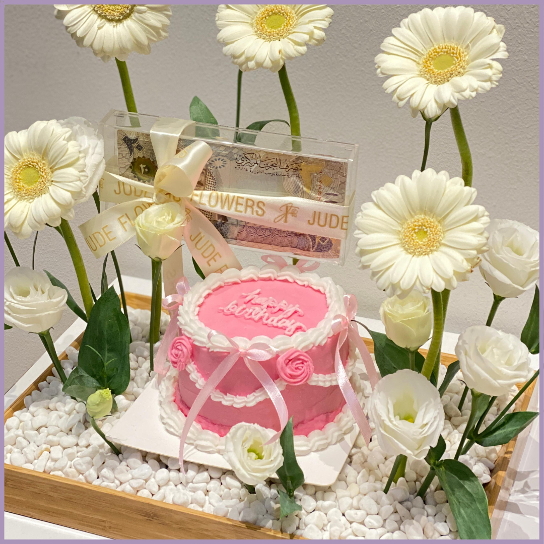 Pink Birthday Bloom Tray with Mini Cake a Dream Bites x Jude Flowers Collab