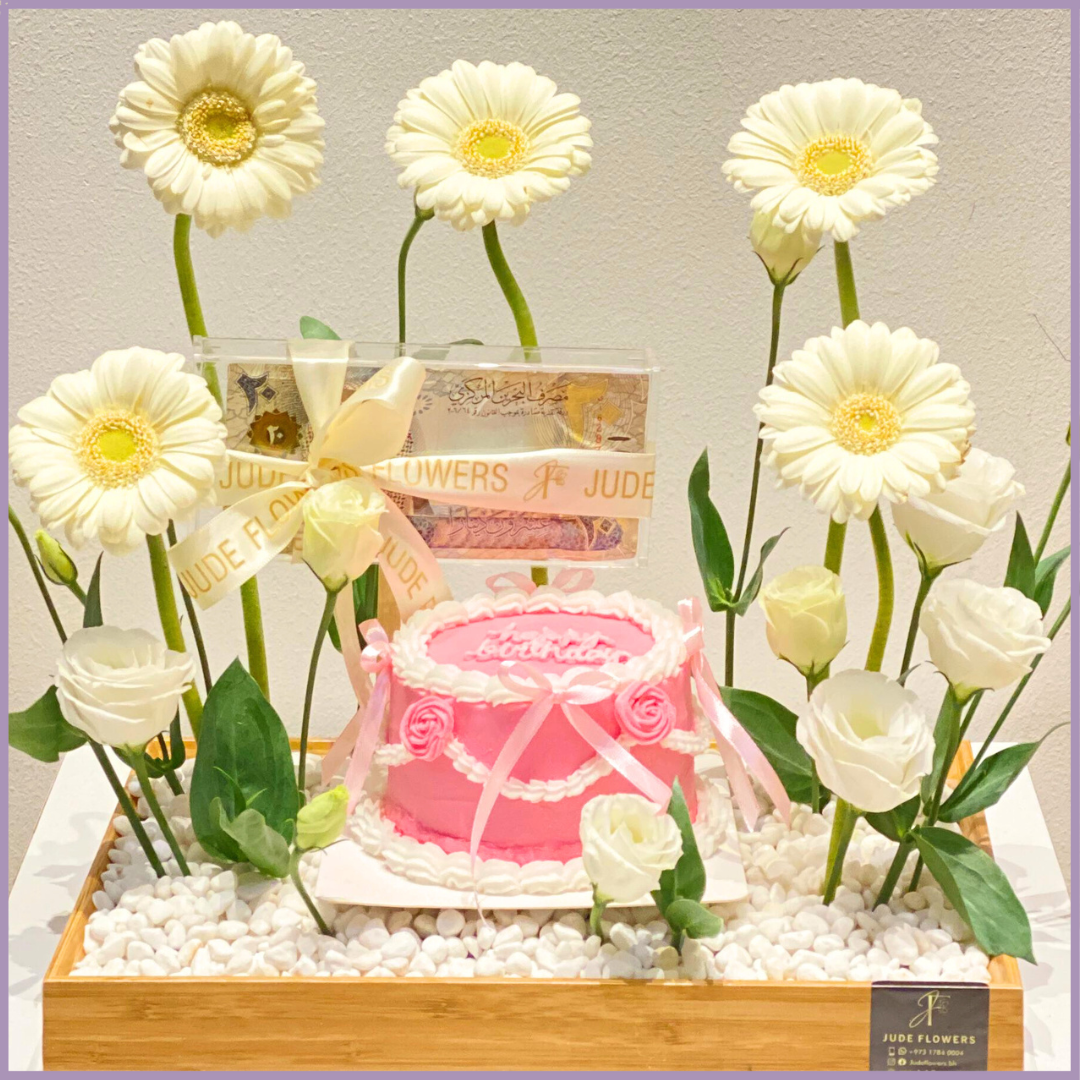 Pink Birthday Bloom Tray with Mini Cake a Dream Bites x Jude Flowers Collab