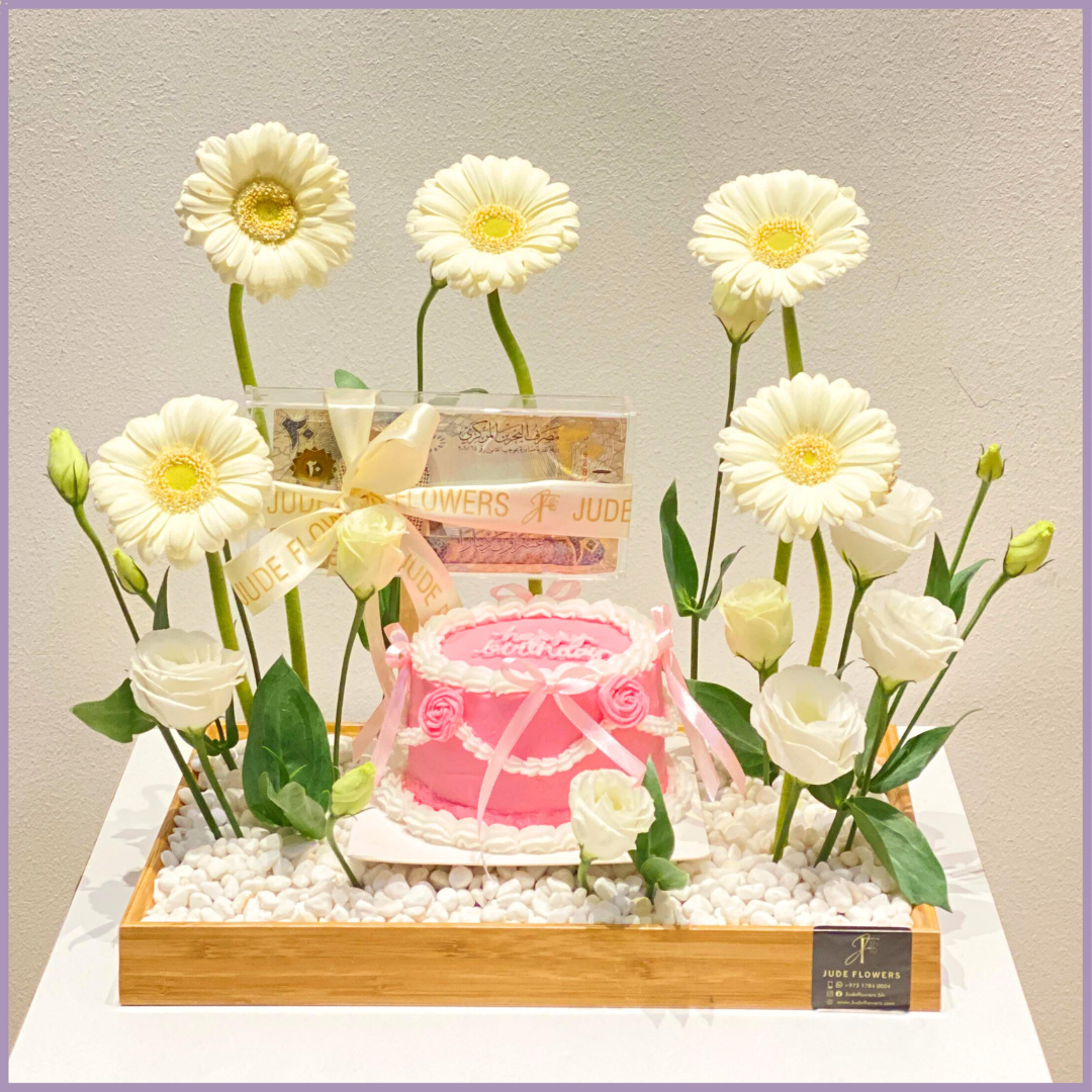 Pink Birthday Bloom Tray with Mini Cake a Dream Bites x Jude Flowers Collab