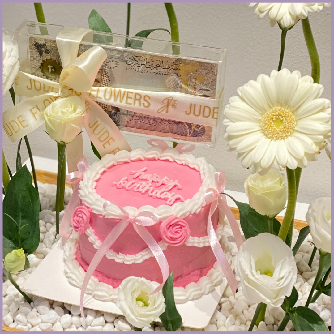 Pink Birthday Bloom Tray with Mini Cake a Dream Bites x Jude Flowers Collab