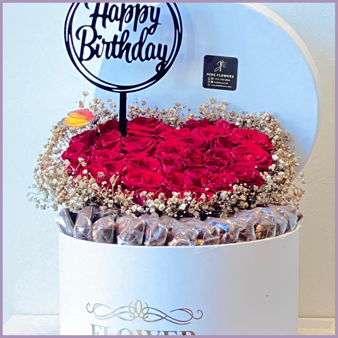Red Heart Bloom Birthday Chocolate Box with Birthday Acrylic Topper