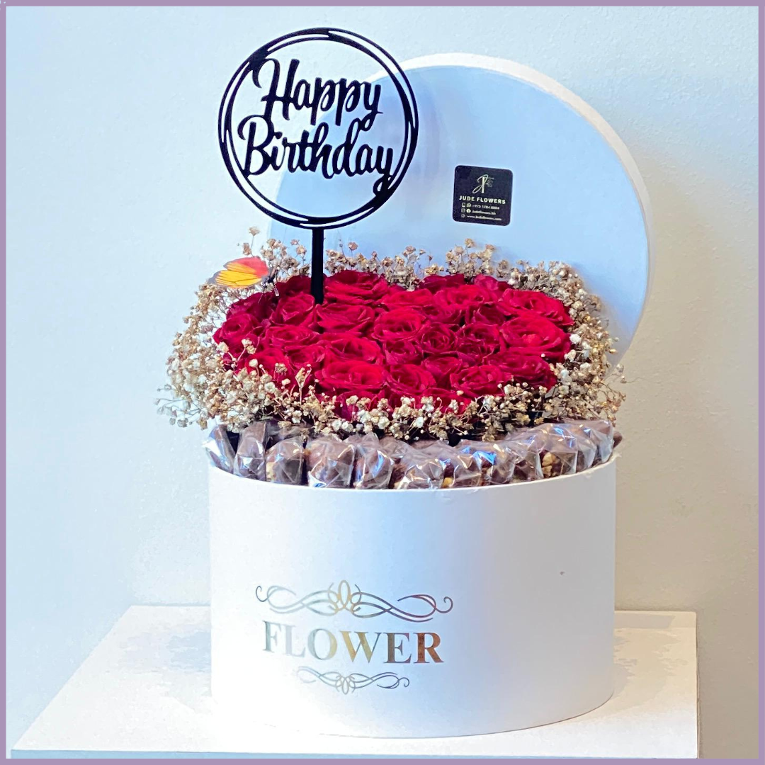 Red Heart Bloom Birthday Chocolate Box with Birthday Acrylic Topper