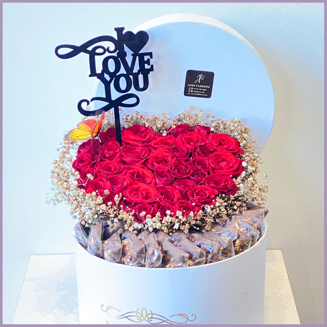 Red Heart Bloom Love Box with Chocolates & Acrylic Topper Saying I Love You