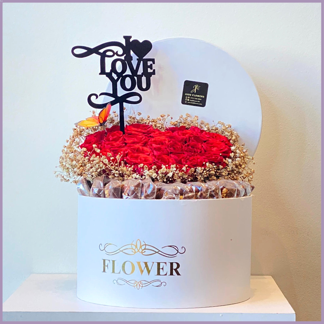Red Heart Bloom Love Box with Chocolates & Acrylic Topper Saying I Love You