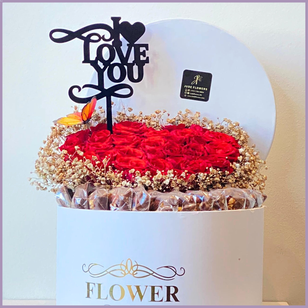 Red Heart Bloom Love Box with Chocolates & Acrylic Topper Saying I Love You