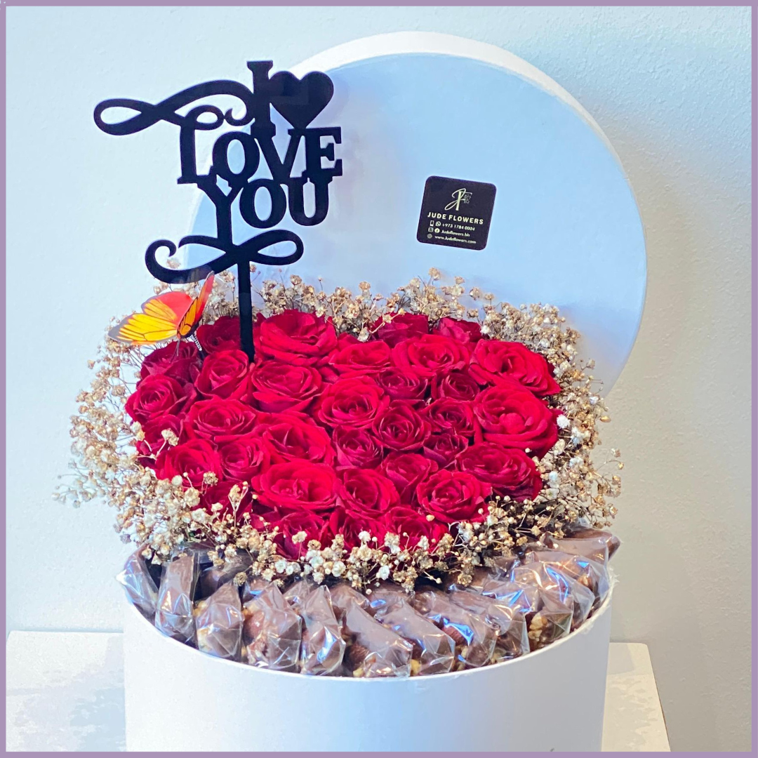 Red Heart Bloom Love Box with Chocolates & Acrylic Topper Saying I Love You