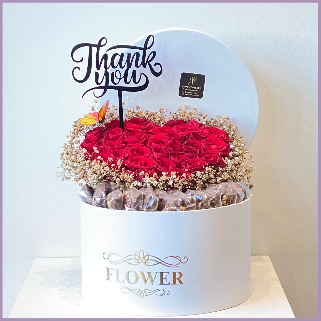 Red Heart Bloom Love Box with Chocolates & Thank you Acrylic Topper