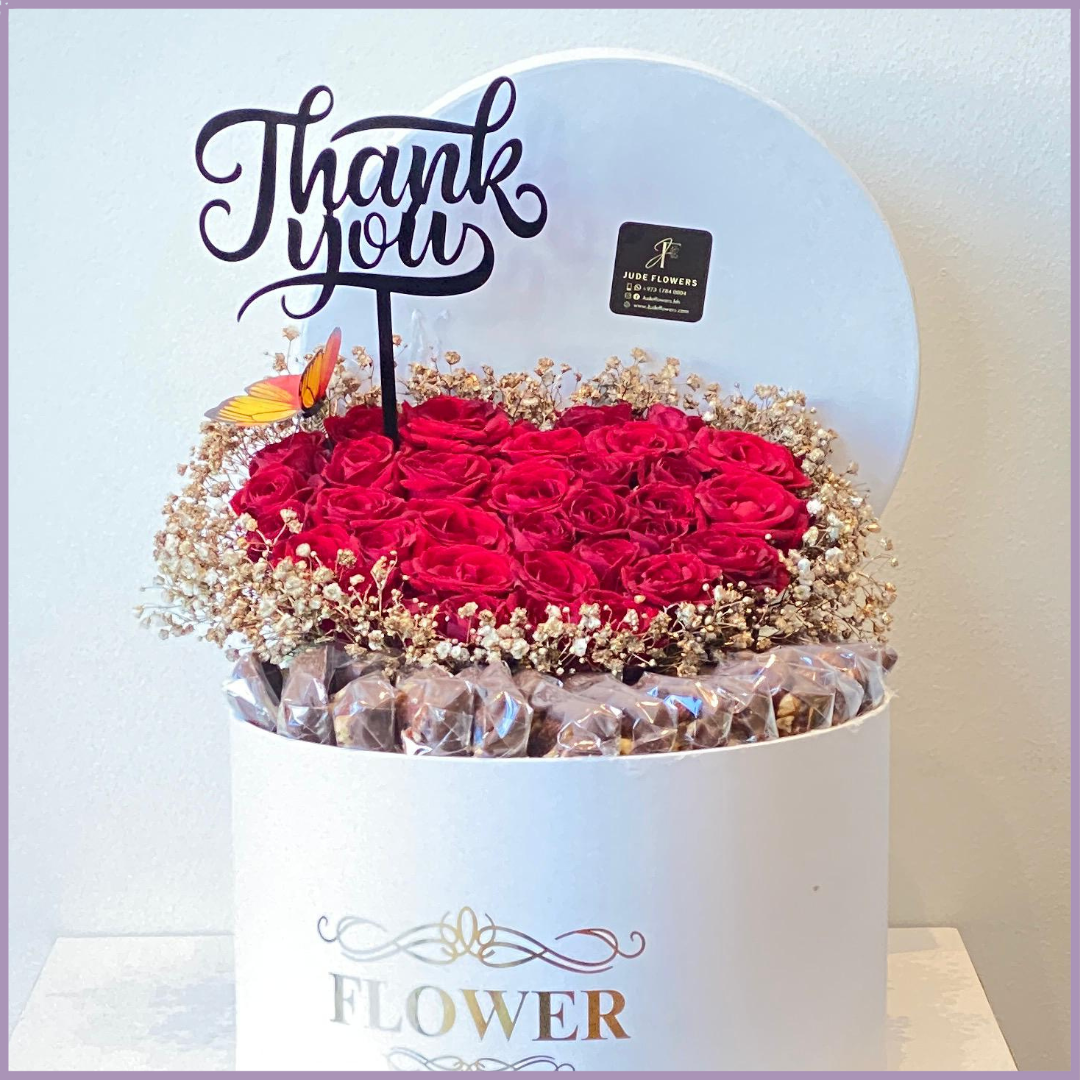 Red Heart Bloom Love Box with Chocolates & Thank you Acrylic Topper