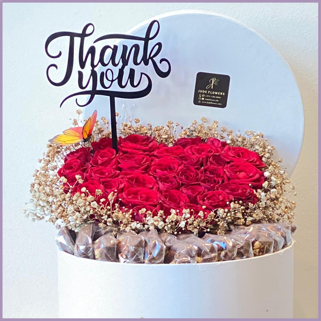 Red Heart Bloom Love Box with Chocolates & Thank you Acrylic Topper