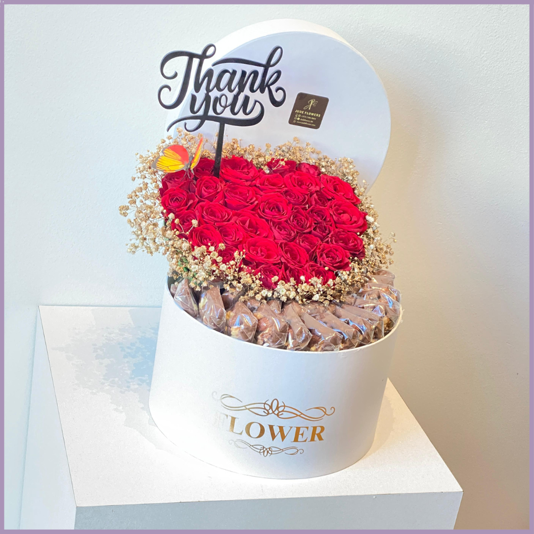 Red Heart Bloom Love Box with Chocolates & Thank you Acrylic Topper