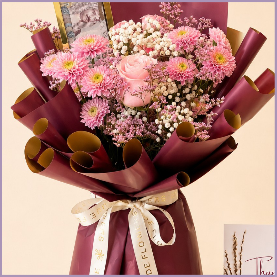 Rosewood Fortune – Pink Flower & Money Gift Bouquet