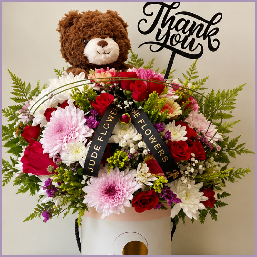 Teddy Rose Thank You – Mixed Flowers & Teddy Bear Gift Arrangement