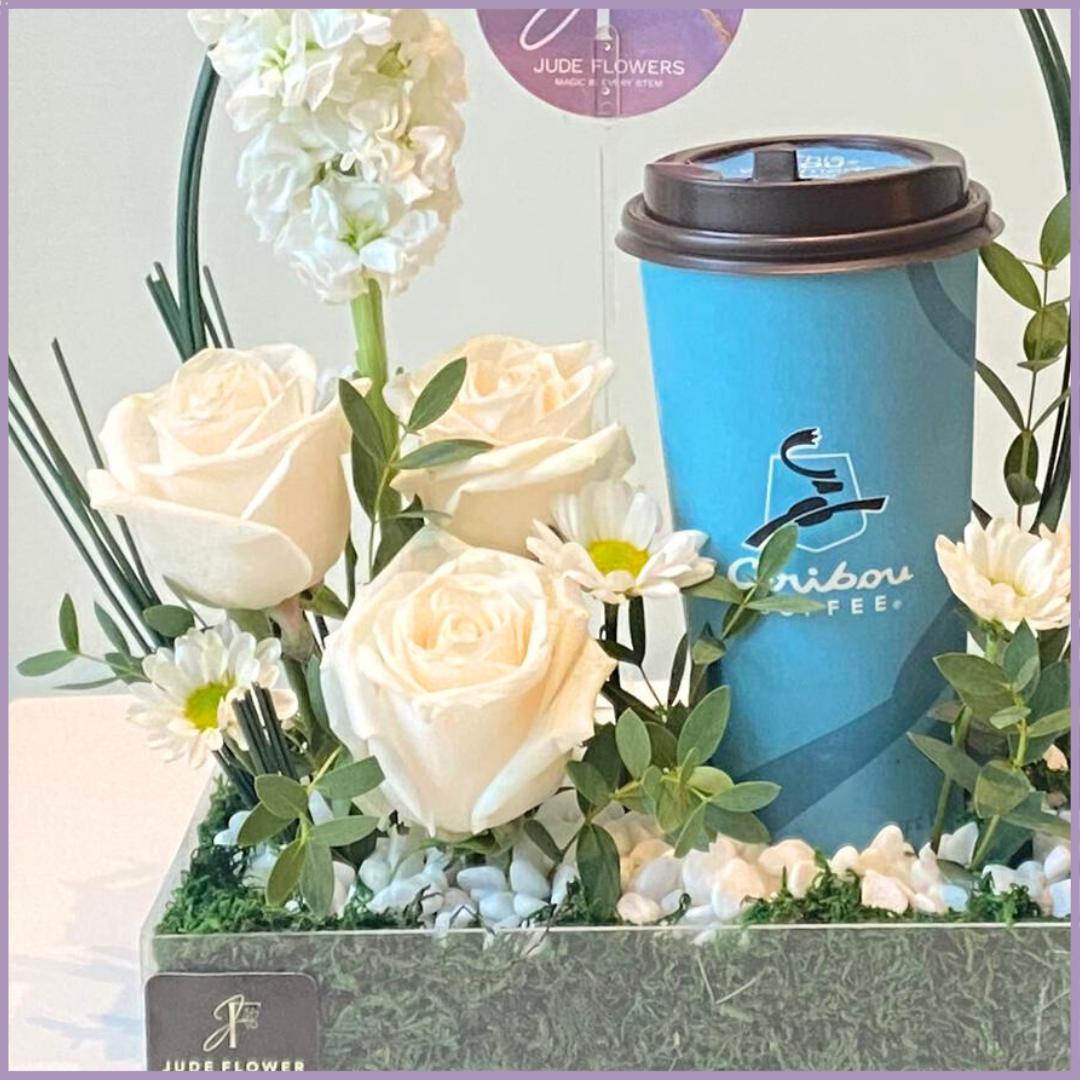 White Roses Caribou Coffee Arrangement