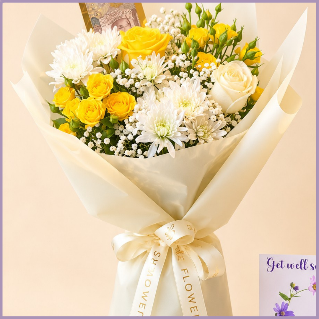 Golden Fortune – Yellow & White Flower Money Gift Bouquet