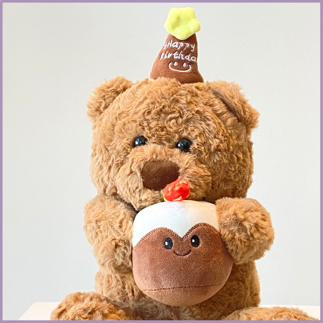 Adorable Happy Birthday Teddy Bear with Cupcake & Birthday Hat
