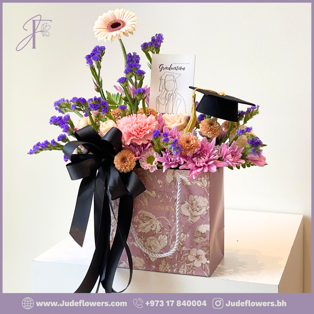 Cap & Bloom Graduation Bag – flowers, delivered in Bahrain