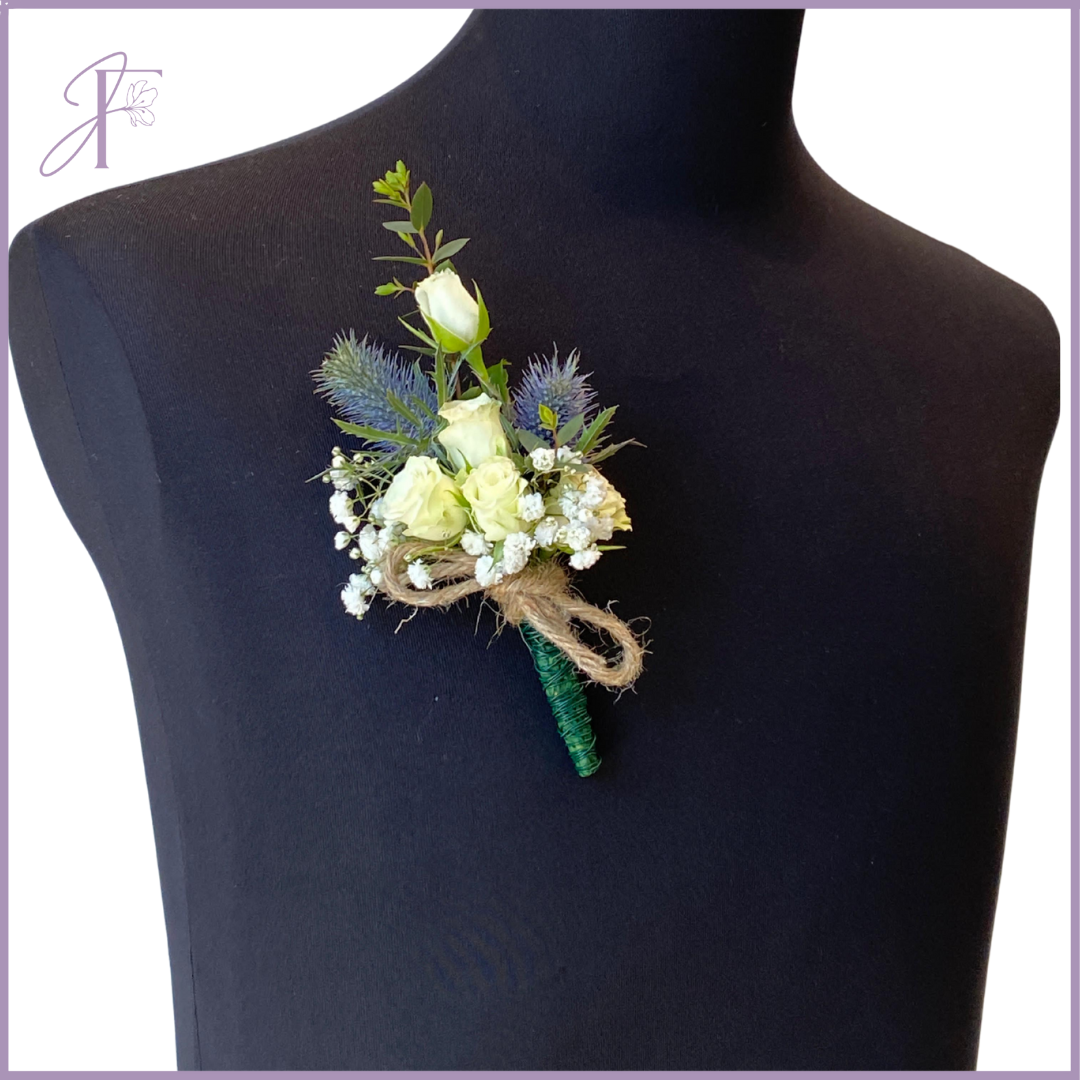 Misty Thistle Pin - Rustic White & Blue Lapel Flower