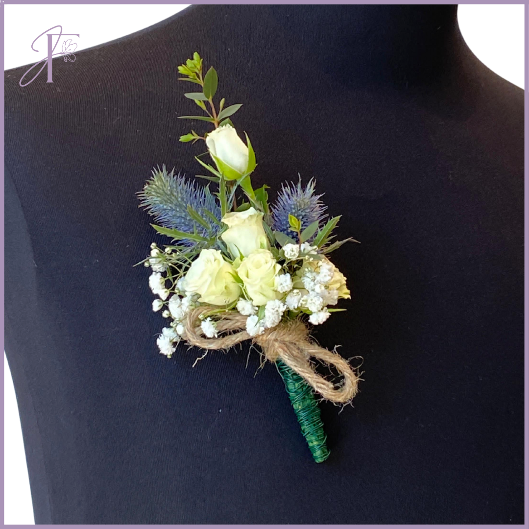 Misty Thistle Pin - Rustic White & Blue Lapel Flower