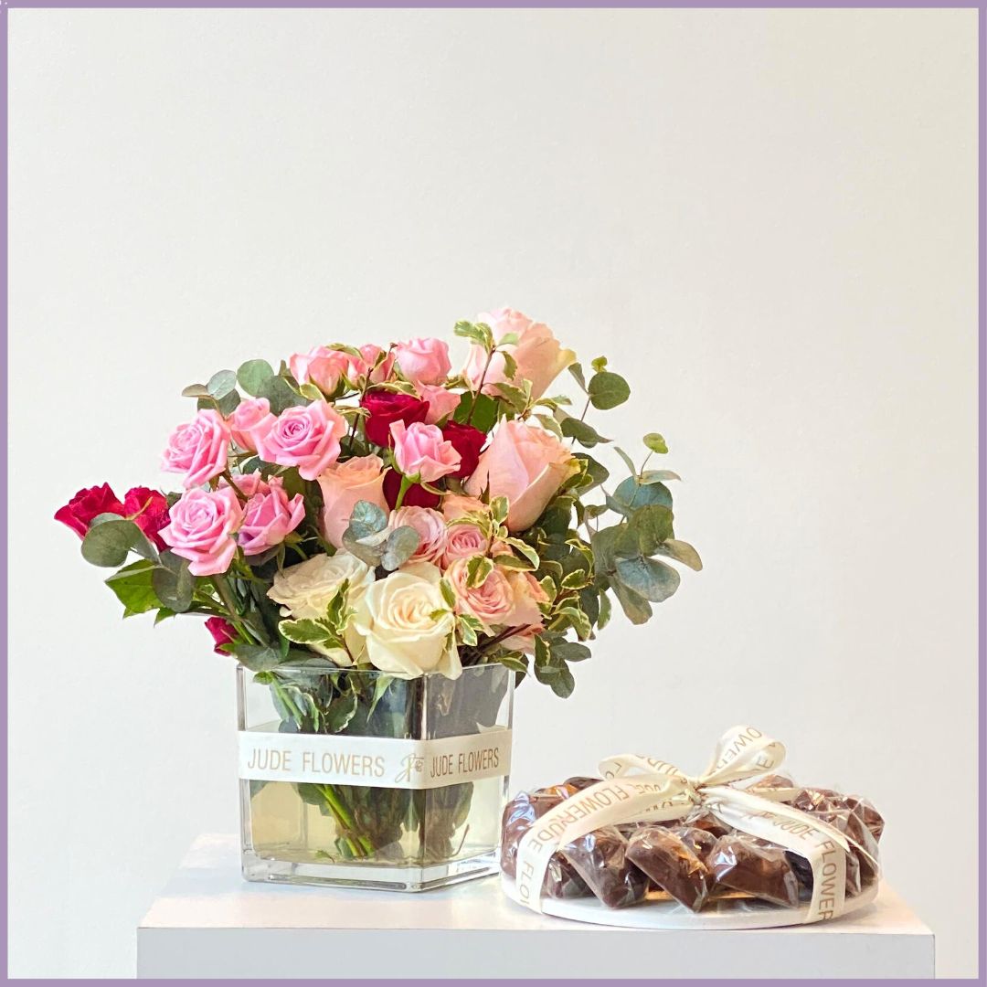 The Petal & Treat Arrangement - Rose & Spray Rose Gift Set with Assorted Chocolates – chocolate, delivered in Bahrain