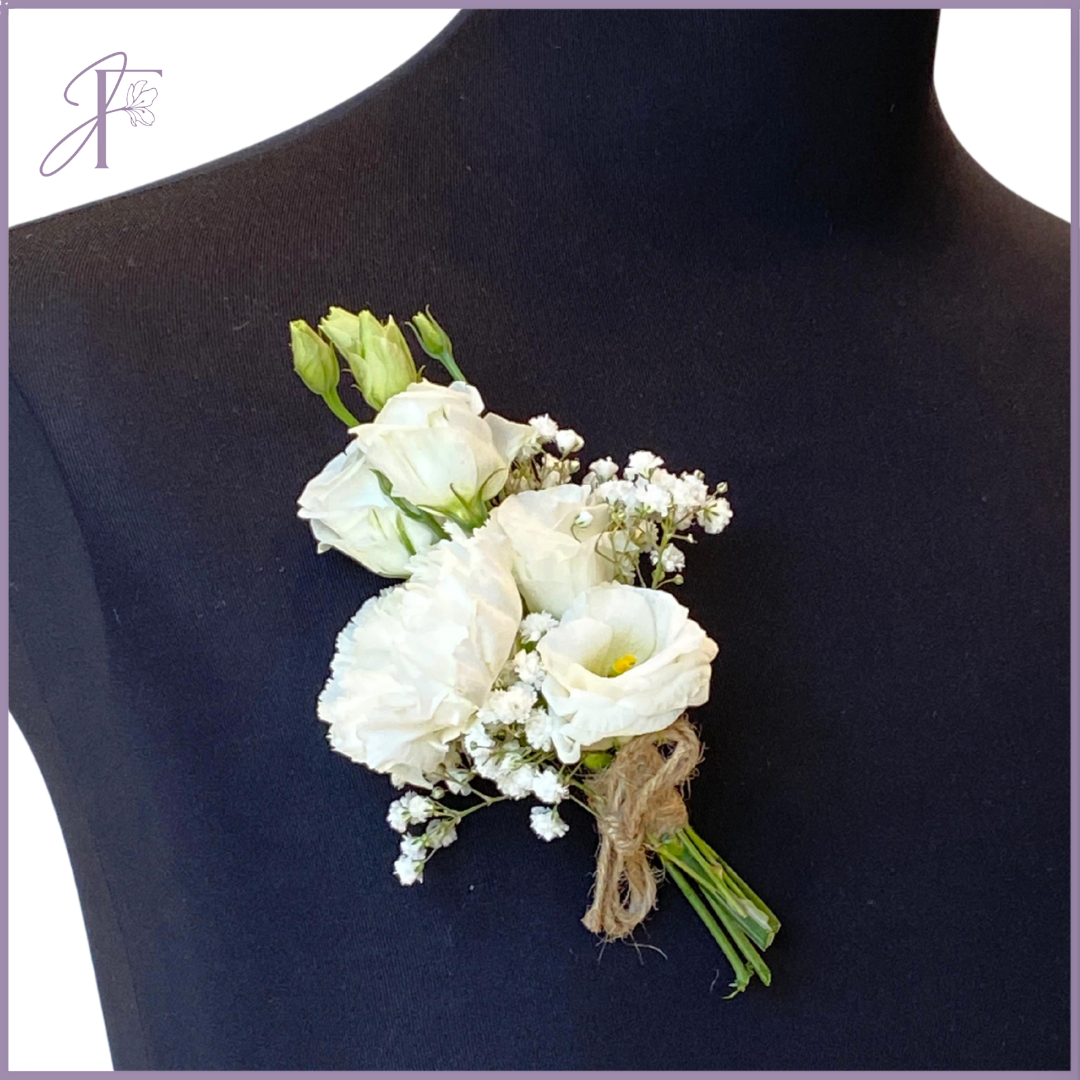 White Elegance Pin - Refined Lisianthus & Carnation Lapel Flower