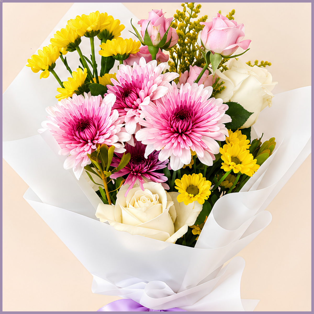 Pink Charm bouquet of roses and chrysanthemums in white wrapping – Jude Flowers Bahrain
