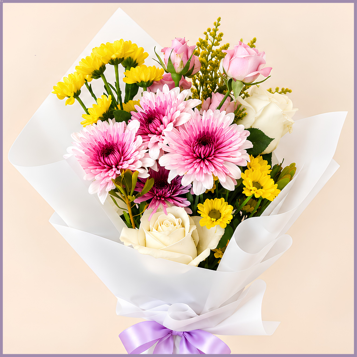 Pink Charm bouquet of roses and chrysanthemums in white wrapping – Jude Flowers Bahrain