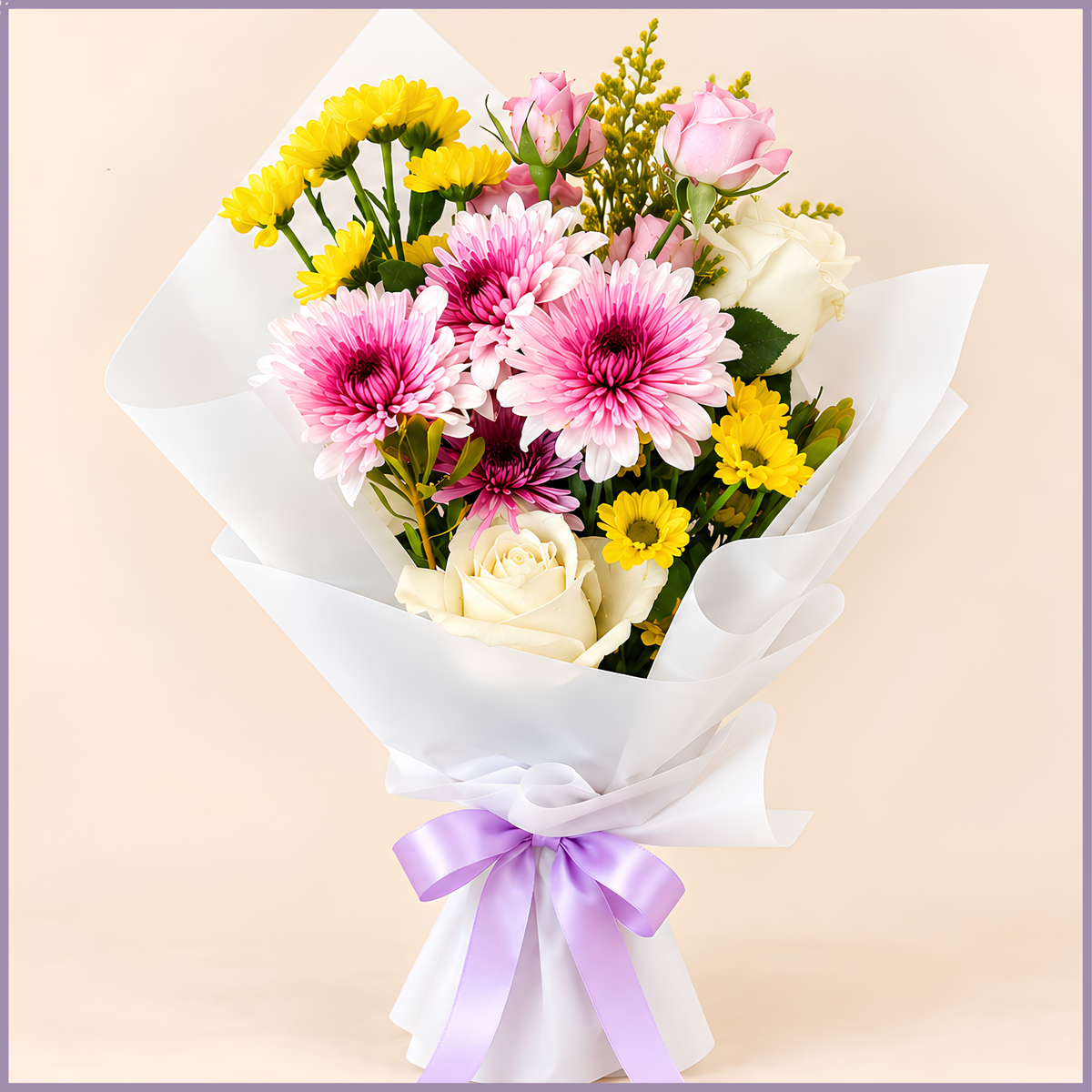 Pink Charm bouquet of roses and chrysanthemums in white wrapping – Jude Flowers Bahrain
