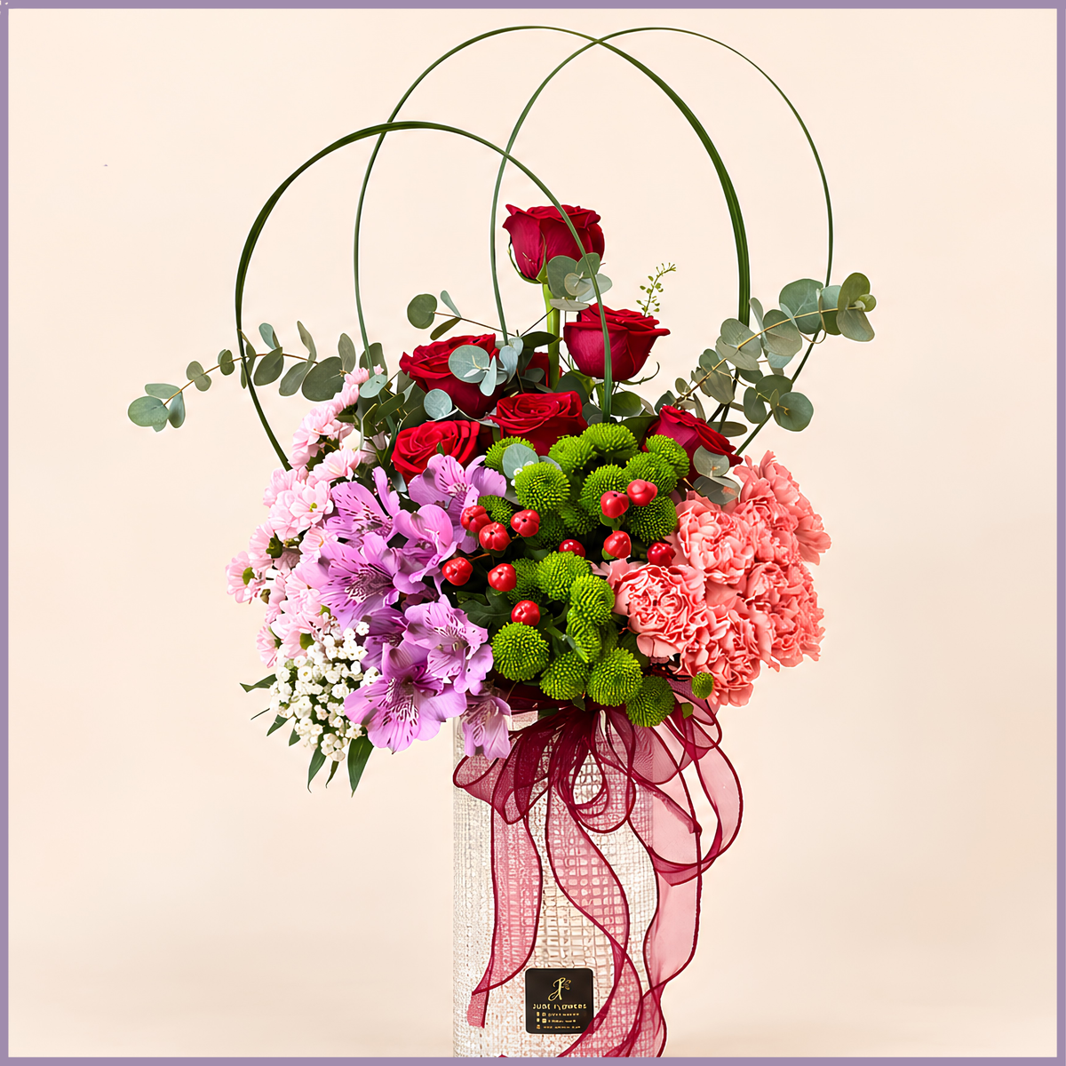 Valentine floral vase with red roses carnations and santini – Jude Flowers Bahrain