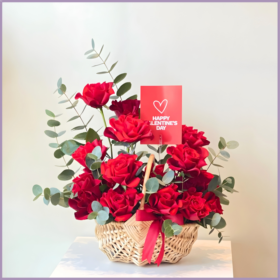 Heartfelt Reds - Red Rose Rattan Basket Arrangement