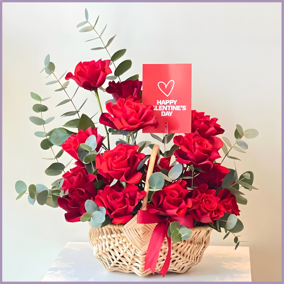 Heartfelt Reds - Red Rose Rattan Basket Arrangement