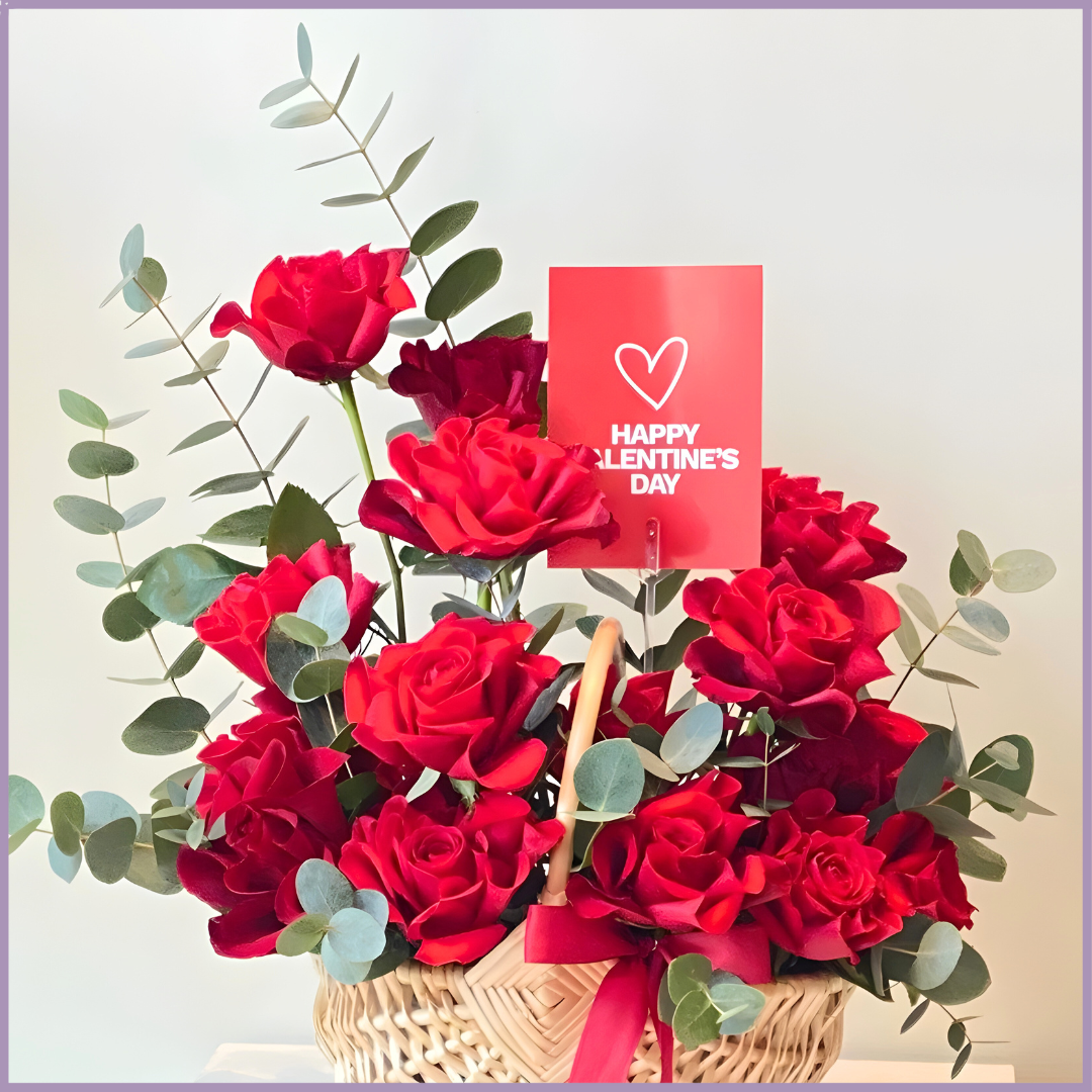 Heartfelt Reds - Red Rose Rattan Basket Arrangement