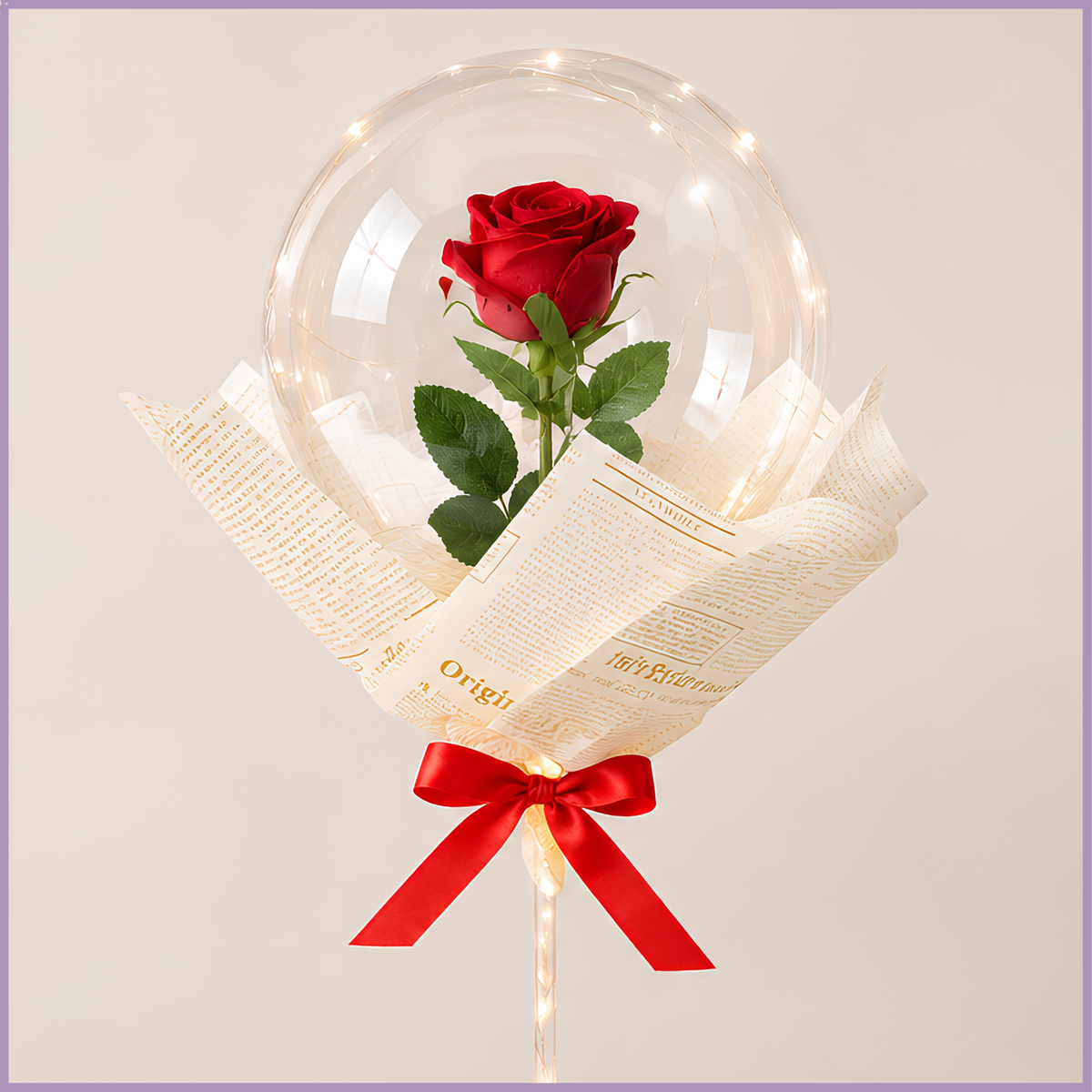 Single rose encased in clear bobo balloon with lights – Jude Flowers Bahrain