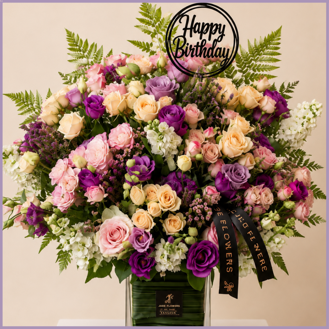 Amethyst Blush Celebration – Luxury Mixed Rose Birthday Arrangement