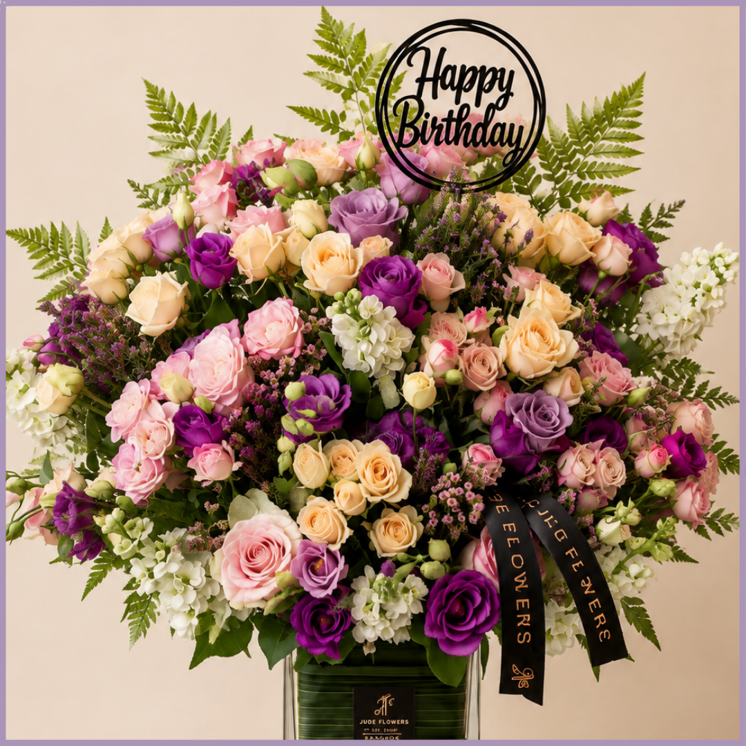 Amethyst Blush Celebration – Luxury Mixed Rose Birthday Arrangement