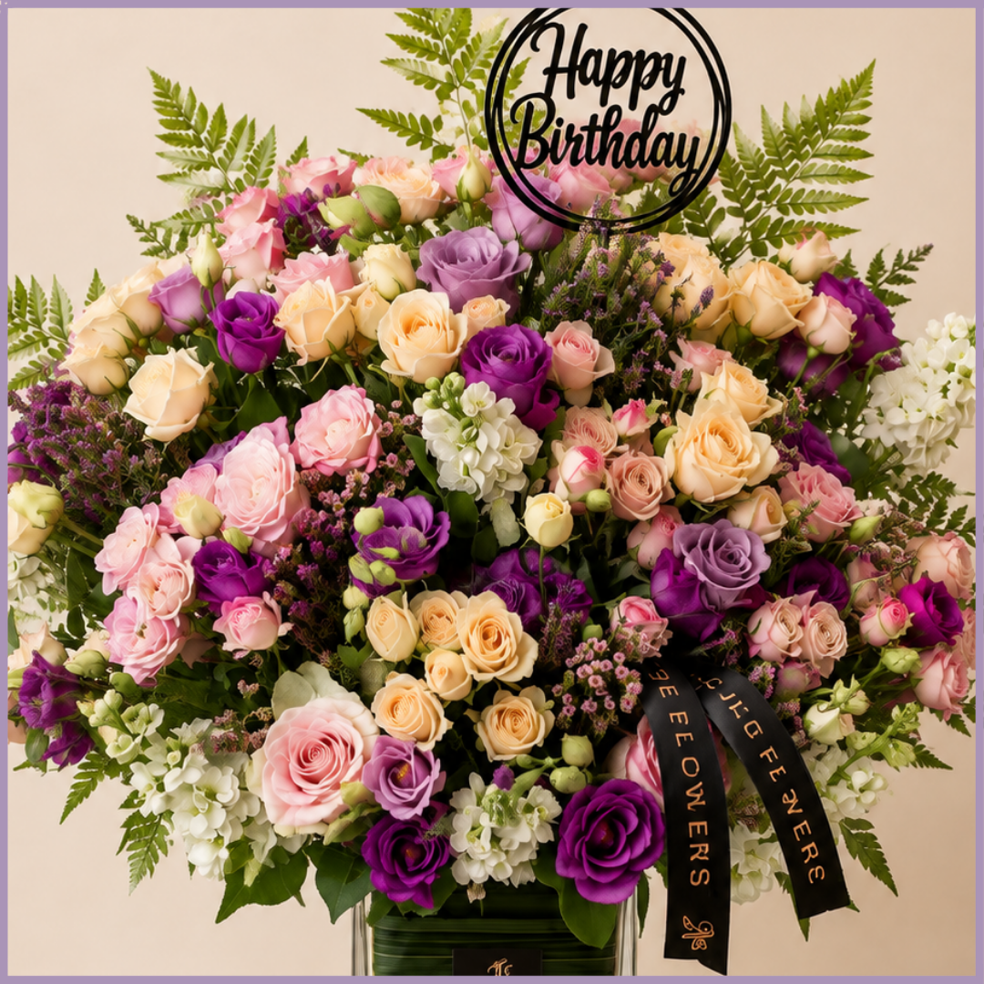 Amethyst Blush Celebration – Luxury Mixed Rose Birthday Arrangement