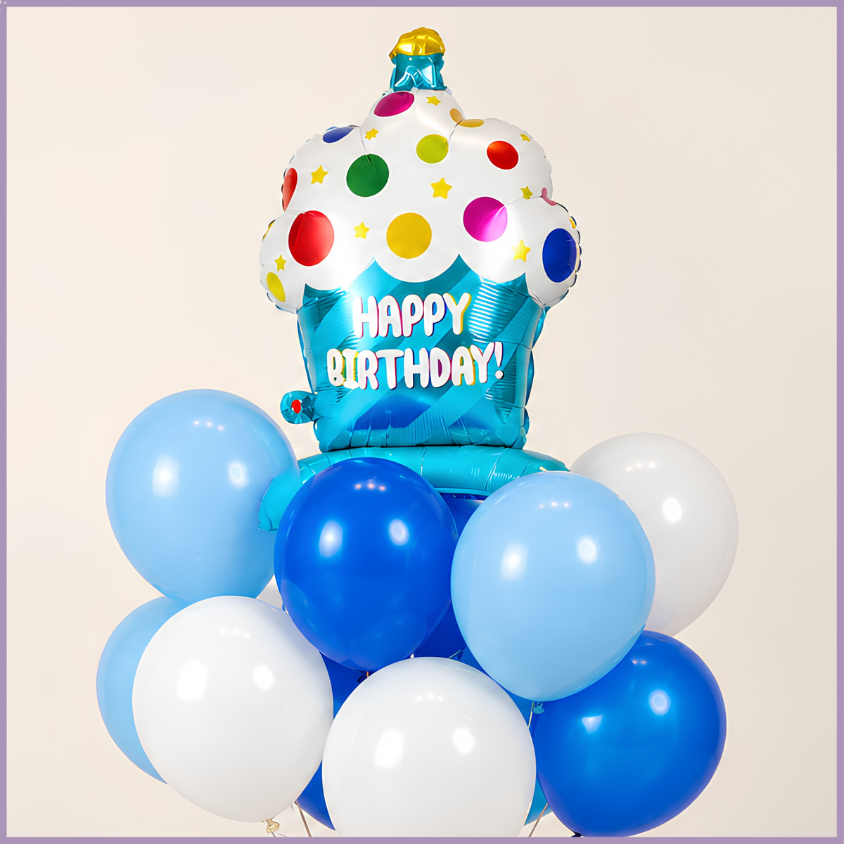 Birthday Bliss blue and white helium party balloon arrangement