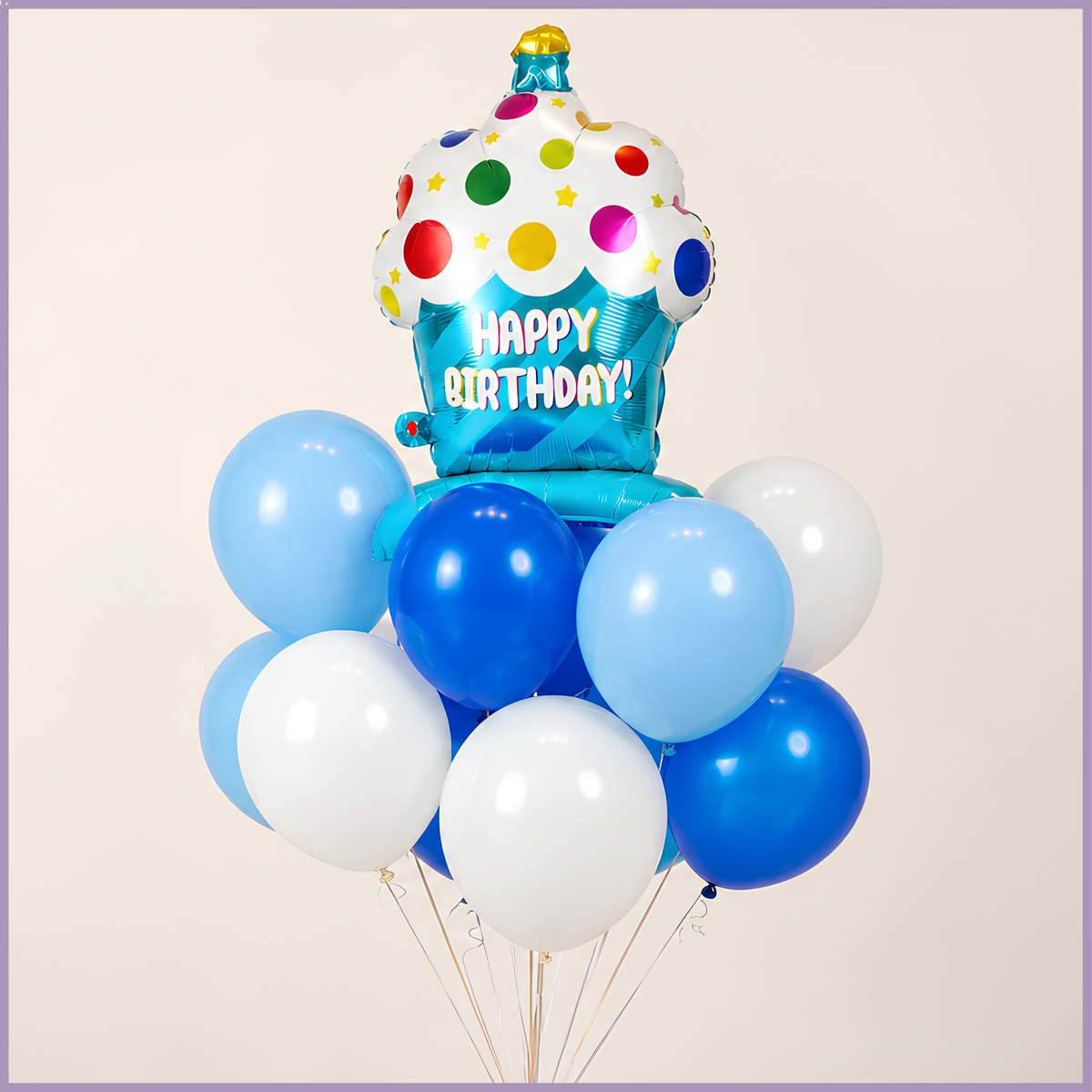 Birthday Bliss blue and white helium party balloon arrangement