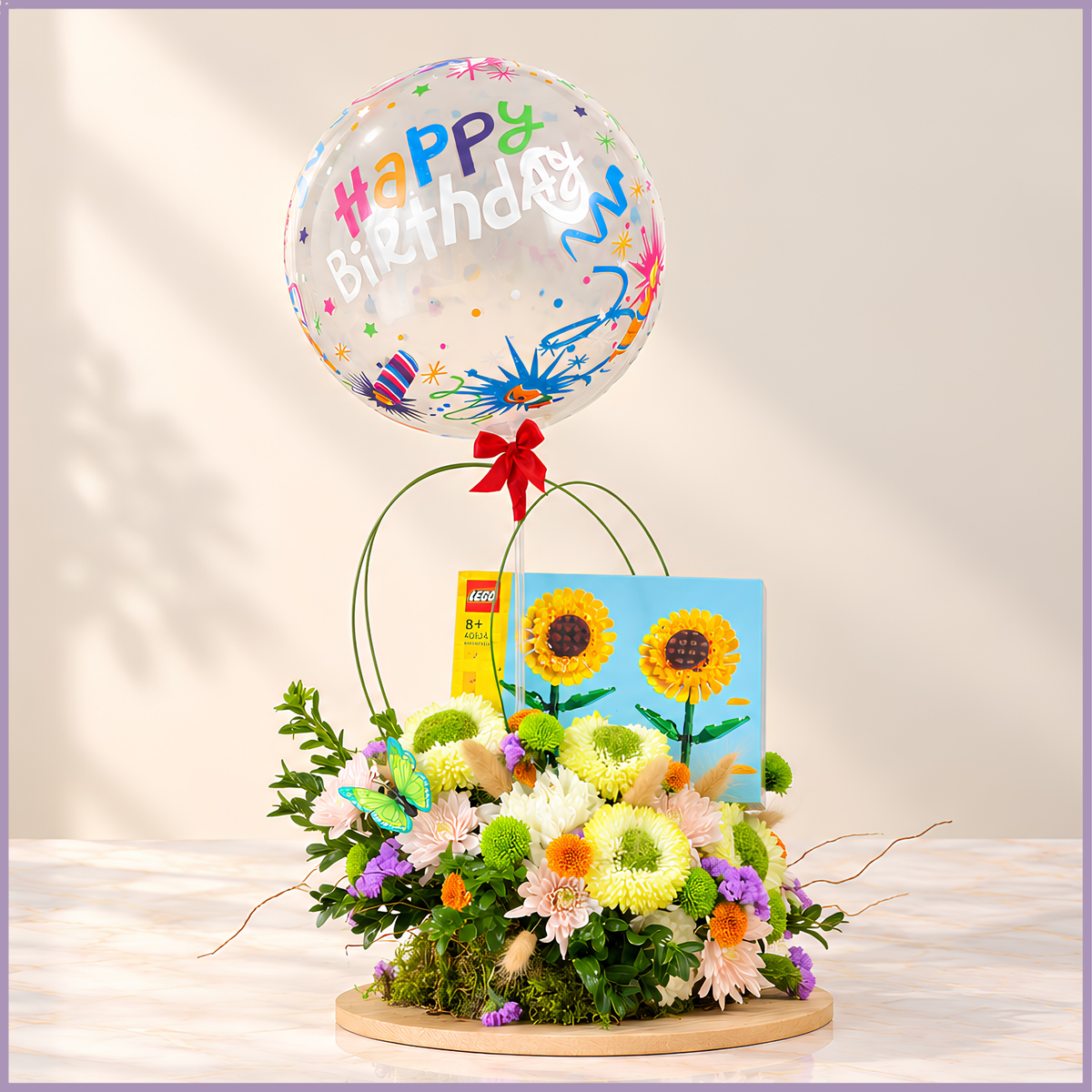 Birthday Blossoms fresh flower arrangement with LEGO sunflower set and birthday balloon – Jude Flowers Bahrain