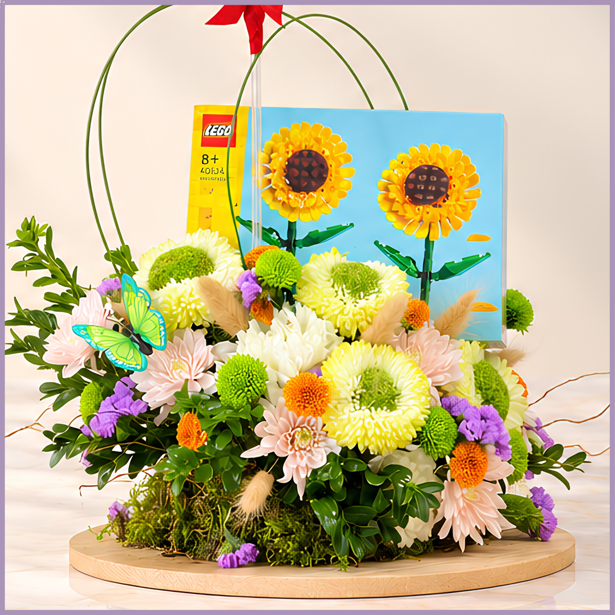 Birthday Blossoms fresh flower arrangement with LEGO sunflower set and birthday balloon – Jude Flowers Bahrain