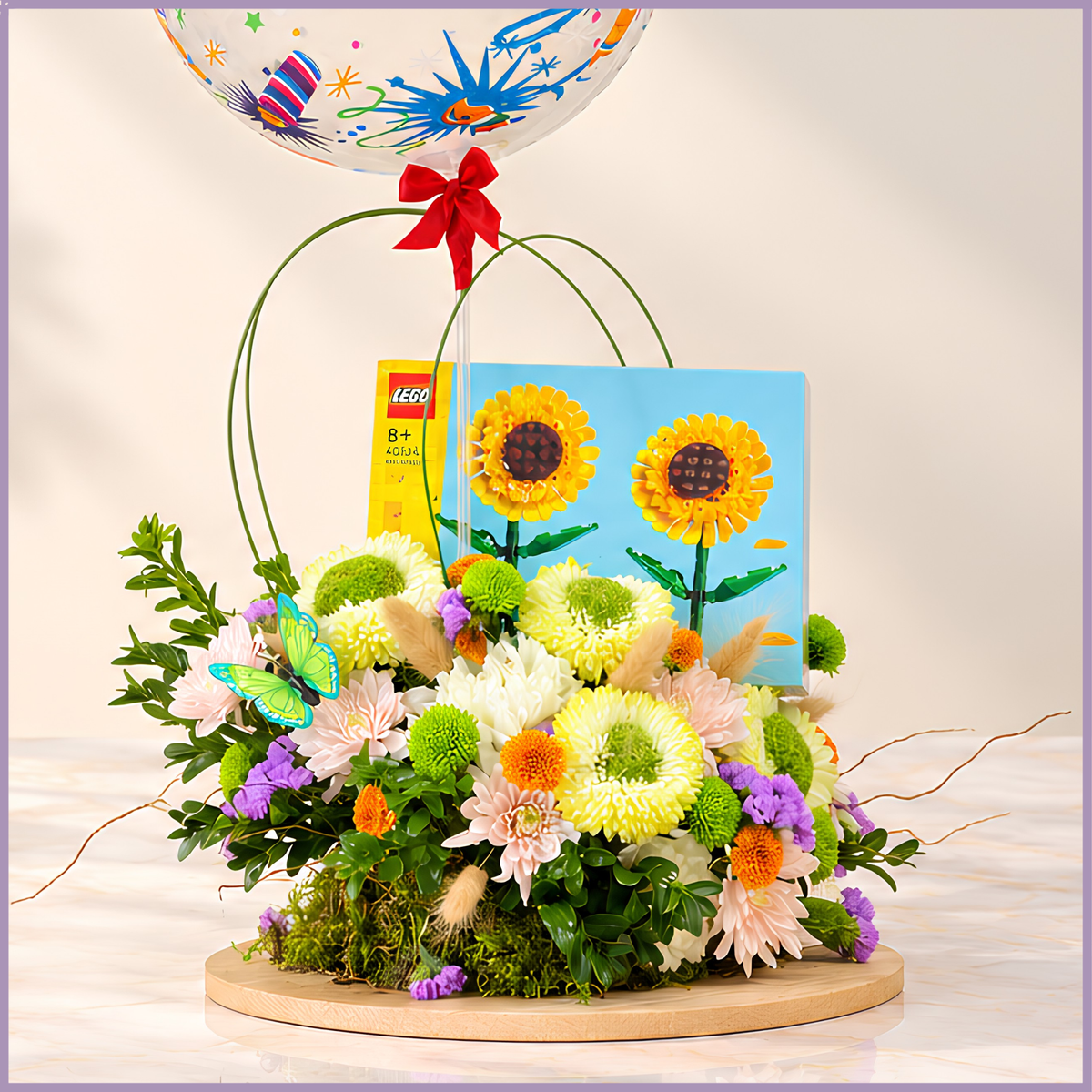 Birthday Blossoms fresh flower arrangement with LEGO sunflower set and birthday balloon – Jude Flowers Bahrain