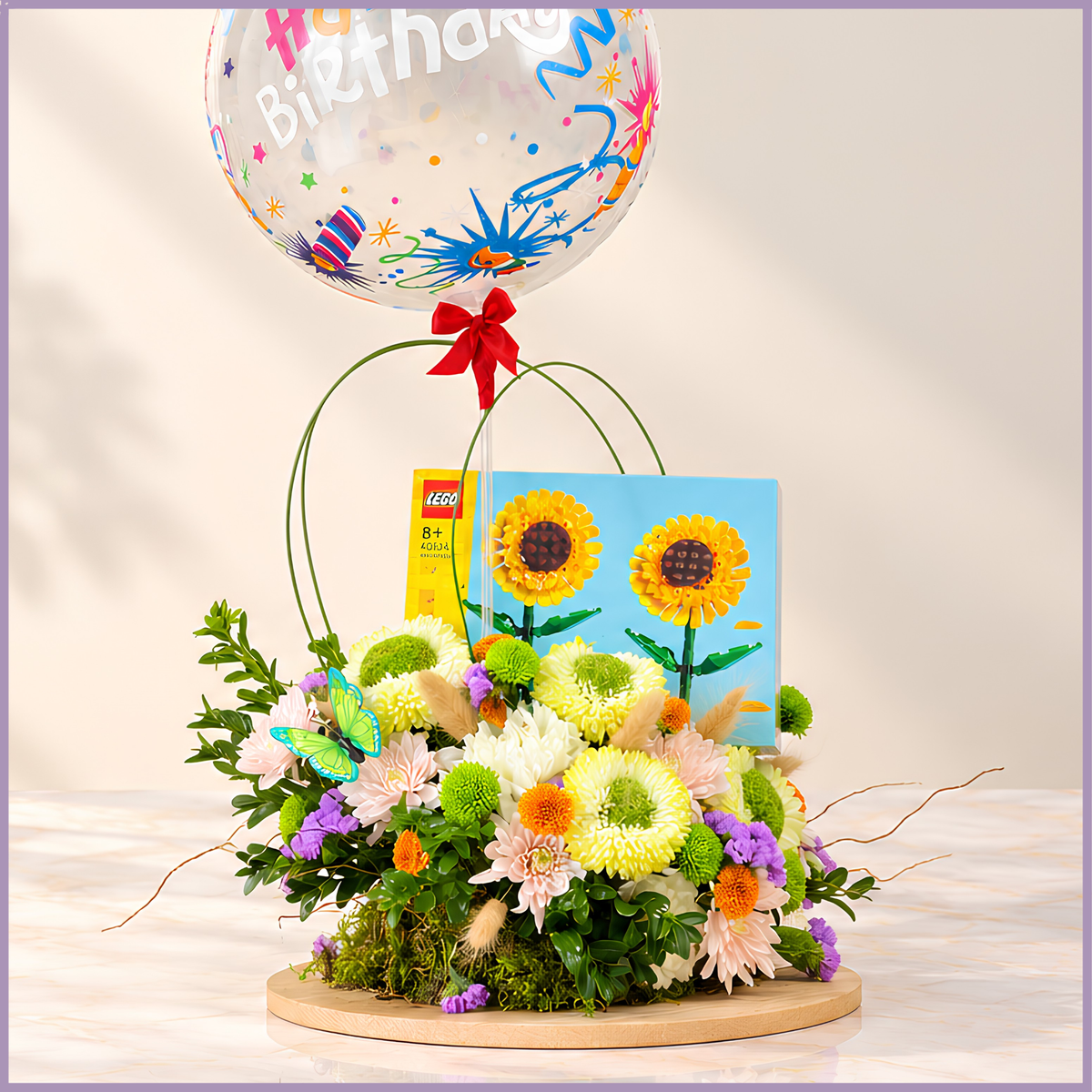 Birthday Blossoms fresh flower arrangement with LEGO sunflower set and birthday balloon – Jude Flowers Bahrain