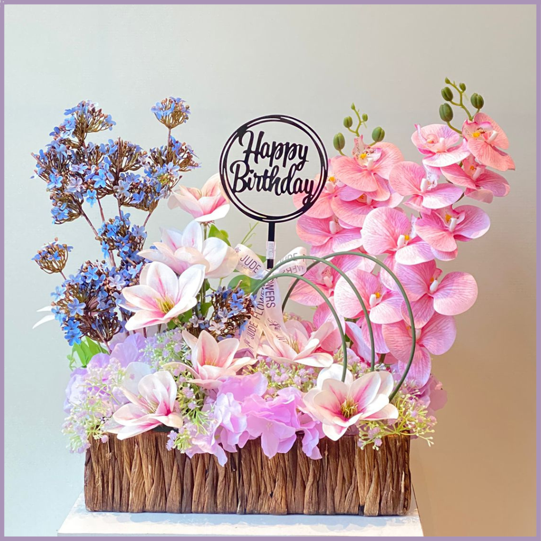 Birthday Blush Garden – Artificial Flower Basket | Jude Flowers Bahrain
